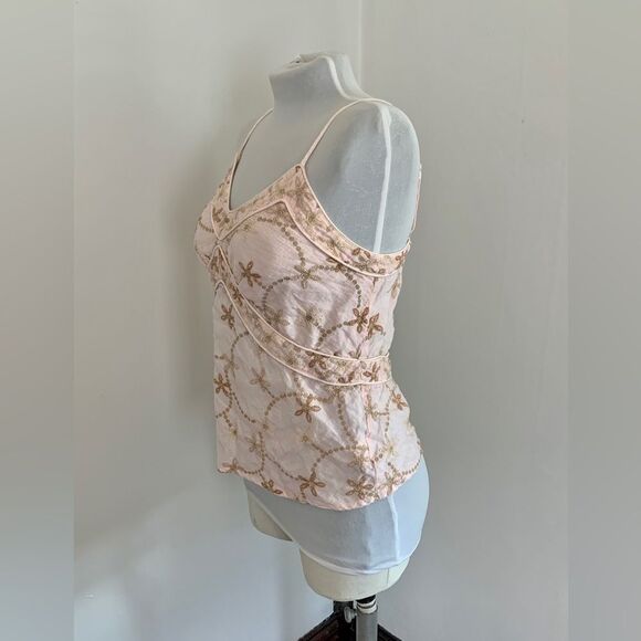 120% Lino Italy Floral 100% Linen Pink Tank Top embroidered 42 6 metallic corset - Picture 12 of 15